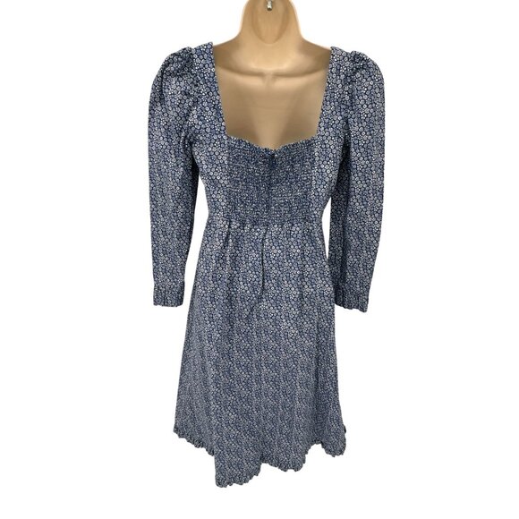 Wilfred Dress‎ Womens 0 Blue White Floral Cotton Smocked Waist Zip Back Ruffle - Picture 5 of 10